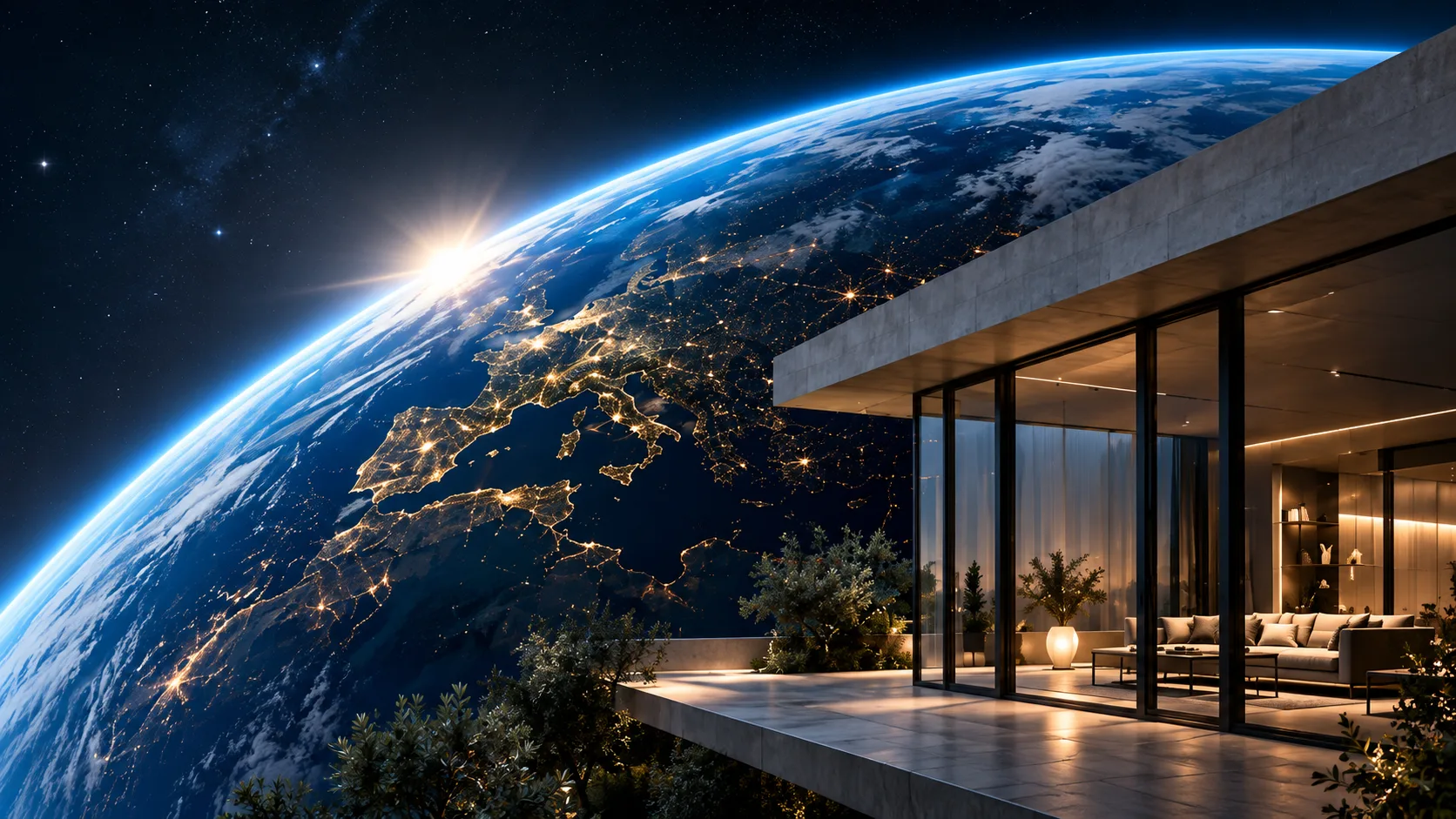 Hero: Earth + modern villa (wide photo)